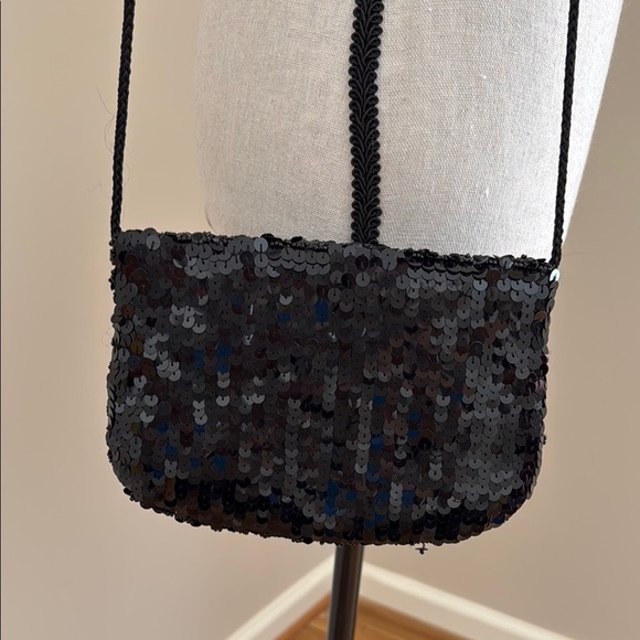 Small Elegant Black Beaded Sequin Crossbody Shoulder Bag Purse Formal Evening - Picture 5 of 6